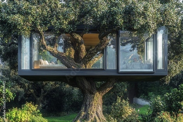 Fototapeta Unique treehouse features transparent walls for a seamless blend with nature