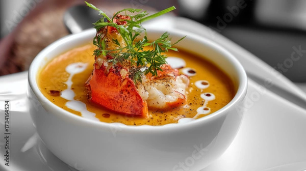 Fototapeta Elegant Lobster Bisque with Cream Swirl and Lobster Meat Garnish in White Bowl – Gourmet Seafood Soup Close-Up
