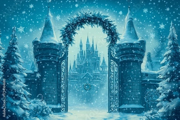 Fototapeta Wreath adorns the enchanted castle gate during a snowfall in a magical winter landscape