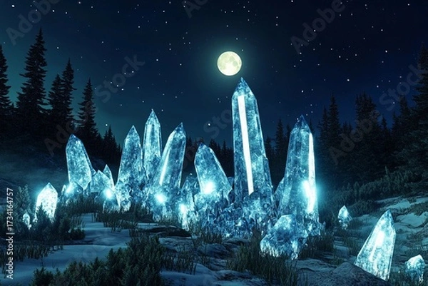 Fototapeta Moonlit crystal forest showcasing shimmering crystals at night in an ethereal setting
