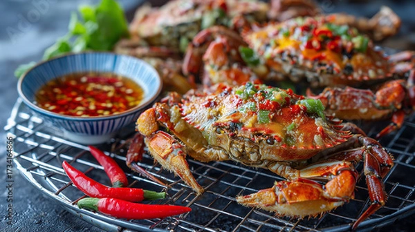 Fototapeta Grilled Spicy Crabs Served with Thai Chili Dipping Sauce on Metal Rack – Close-Up of Asian Seafood Dish with Herbs and Red Peppers
