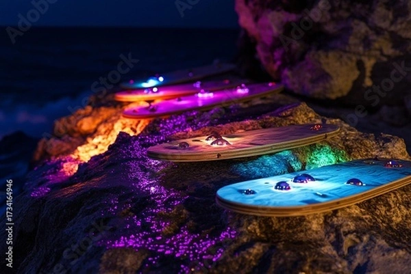 Fototapeta Colorful illuminated boards on rock creating a vibrant atmosphere in a unique outdoor space