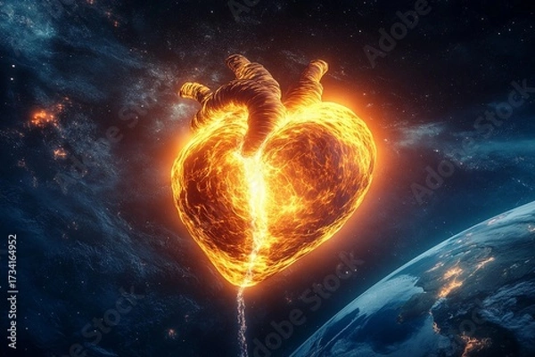 Fototapeta Massive glowing heart pumps clean water and oxygen into space to sustain life on Earth from a vibrant perspective