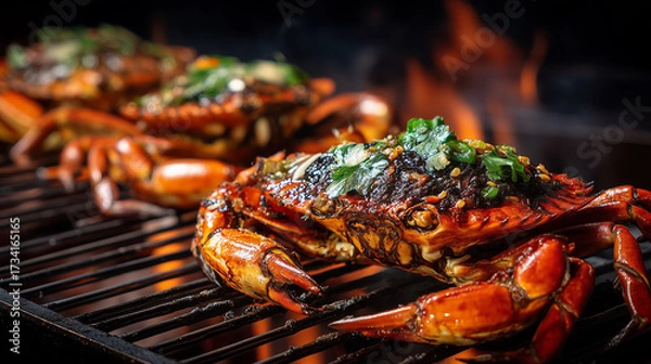 Fototapeta Grilled Whole Crabs with Seasoning and Green Onions Cooking Over Open Flame – Gourmet Seafood BBQ Concept with Charred Shells
