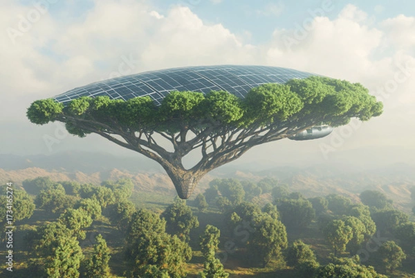 Fototapeta A solar-powered airship, shaped like a tree canoe, glides over a lush forest with integrated solar panels