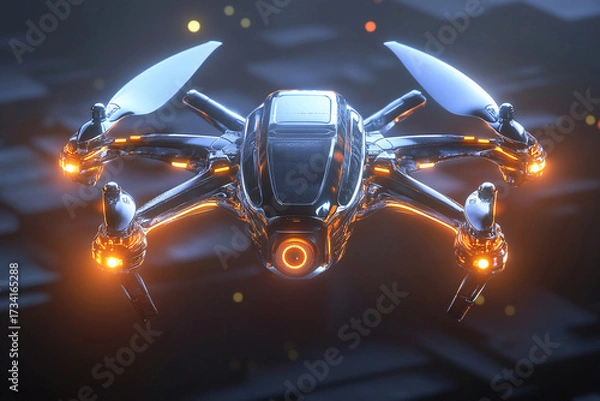 Fototapeta Drone with symmetrical wings and glowing sensors flying above an urban landscape at twilight