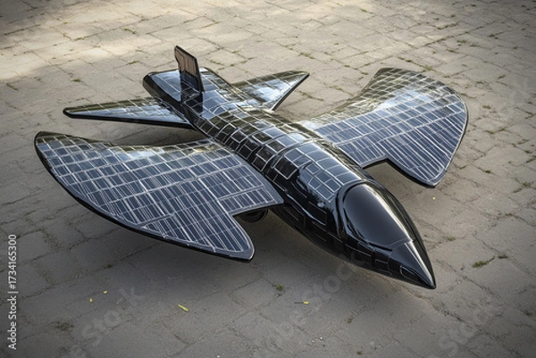 Fototapeta Innovative bird-shaped aircraft with solar panel wings soaring above the clouds