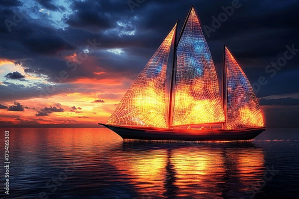 Fototapeta Sailboat with luminous photosynthetic sails glides through tranquil waters at sunset