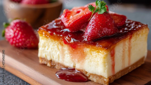 Fototapeta Slice of Classic Cheesecake Topped with Fresh Strawberries and Strawberry Sauce on Wooden Board – Delicious Dessert Close-Up
