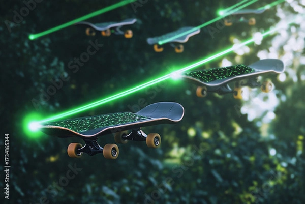 Fototapeta Floating solar powered skateboards illuminate water with soft green trails during sunset in an outdoor setting