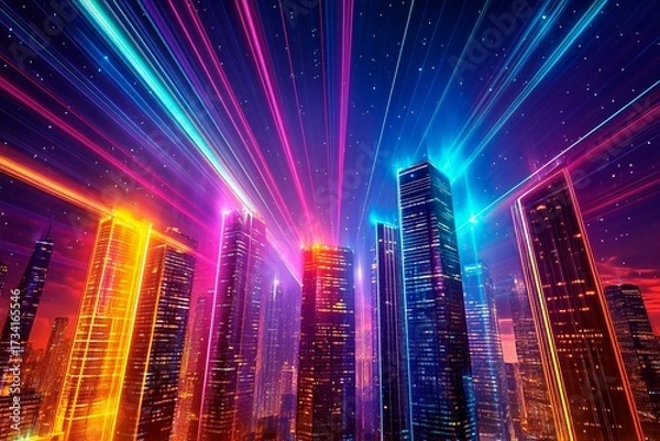 Fototapeta Futuristic city skyline with glowing skyscrapers illuminated at night