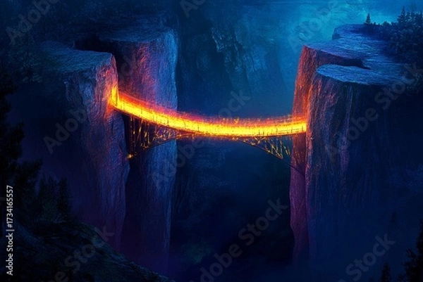 Fototapeta Glowing bridge illuminates dark chasm beneath starry sky at twilight near lush cliffs