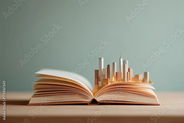 Fototapeta Holographic City Emerging from Open Notebook