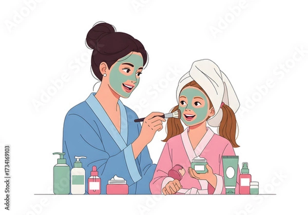 Obraz Mother and daughter applying face masks together in a beauty routine.