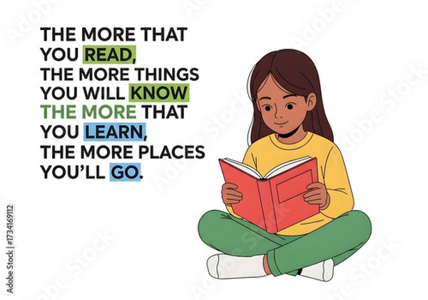 Obraz An illustration of a young girl sitting cross-legged and reading a book, accompanied by an inspirational quote about reading and learning.