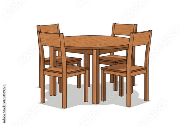 Obraz A detailed illustration of a round wooden dining table with four matching chairs.