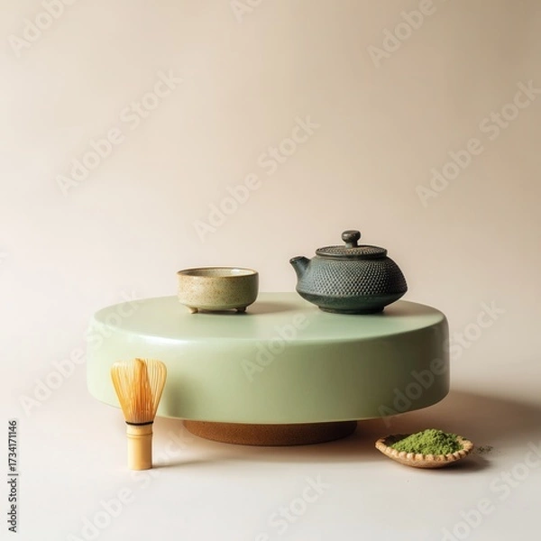 Obraz Minimal podium with Japanese matcha tea set, traditional whisk, and green pastel background