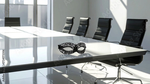 Fototapeta Minimalist Corporate Meeting Room with Single Venetian Lace Mask and Dramatic Shadow
