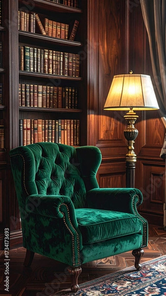 Fototapeta Luxury Dark Academia Reading Nook: Emerald Velvet Armchair by Mahogany Bookshelf