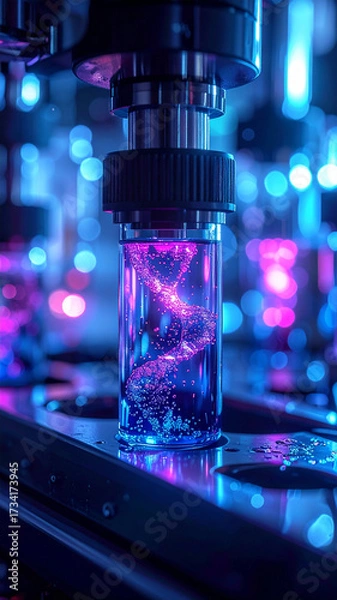 Fototapeta Atmospheric Biotech Lab: Glowing Cyan and Magenta Fluid in Black Obsidian Glassware