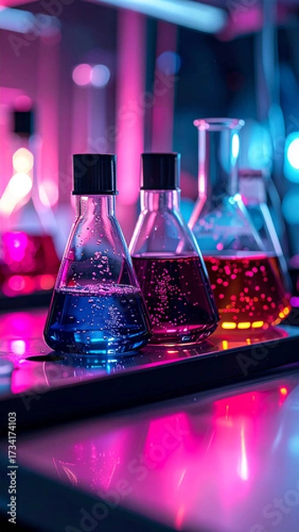 Fototapeta Atmospheric Biotech Lab: Glowing Cyan and Magenta Fluid in Black Obsidian Glassware