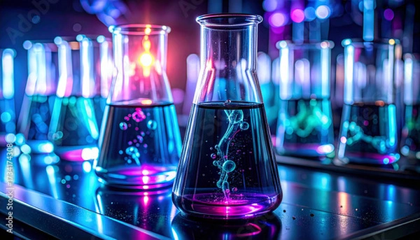 Fototapeta Atmospheric Biotech Lab: Glowing Cyan and Magenta Fluid in Black Obsidian Glassware