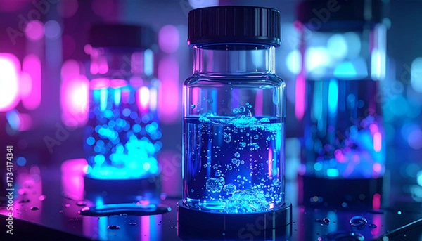 Fototapeta Atmospheric Biotech Lab: Glowing Cyan and Magenta Fluid in Black Obsidian Glassware