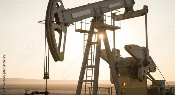 Obraz Close-up view of an oil pump jack operating in a desert landscape during sunset.