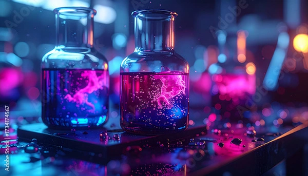 Fototapeta Atmospheric Biotech Lab: Glowing Cyan and Magenta Fluid in Black Obsidian Glassware