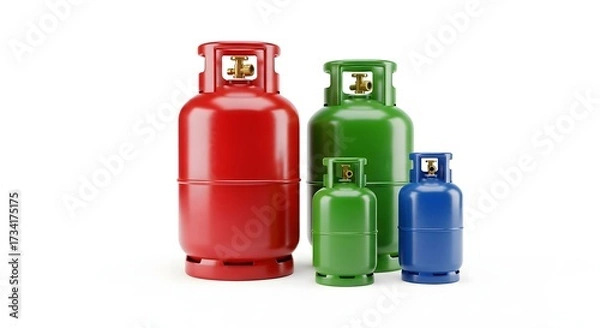 Obraz Group of colorful gas cylinders of different sizes on white background.