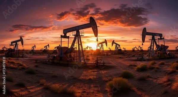 Obraz Oil pumpjacks silhouetted against a vibrant sunset in a vast, arid landscape, symbolizing energy production and resource extraction.