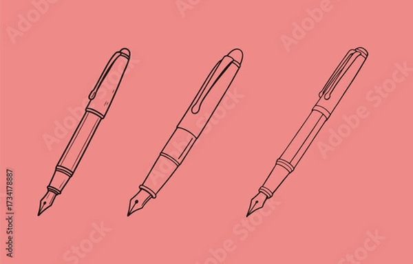 Fototapeta Set of three elegant black outline illustrations of classic fountain pens with nibs, depicting writing tools and creativity on a pink background.