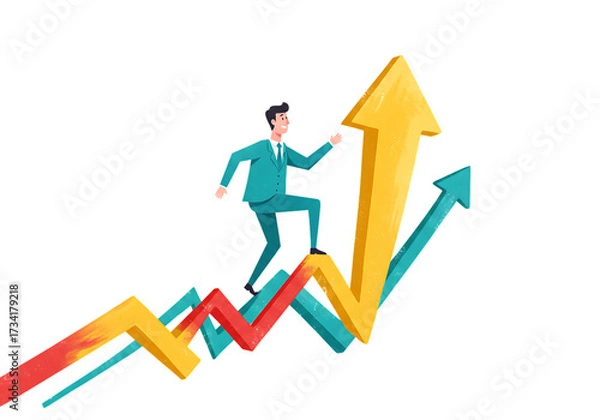 Obraz 成長を目指すビジネスマン：上昇するグラフを登り、成功へ向かうイメージイラスト