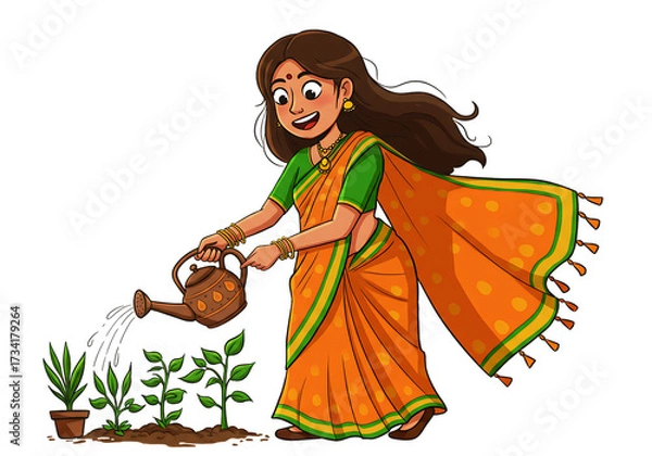 Obraz 幸せな女性が植物に水やりをするイラスト オレンジ色のサリーを着た女性 庭仕事 園芸 成長