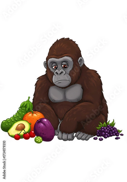 Obraz 悲しげなゴリラと新鮮な果物と野菜の静物画、動物のイラスト、食生活のイメージ