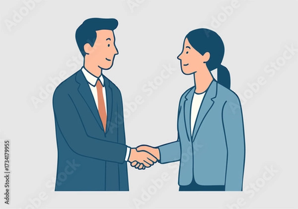 Obraz Business man and woman characters in formal wear shaking hands, flat clean style. b9.eps