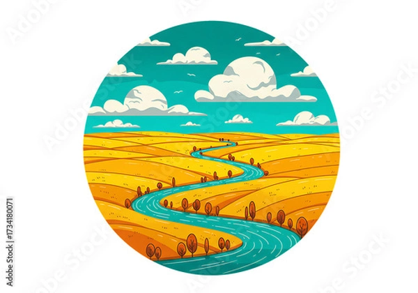 Obraz 秋の風景 美しい川が流れる田園地帯のイラスト, 穏やかな空と雲, 自然の美しさを描くイメージ