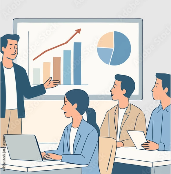 Obraz business team in meeting with graphic presentation on big screen, modern flat style, professional pastel colors. b16.eps