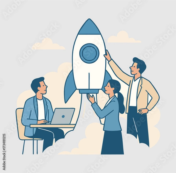 Obraz Startup vector illustration: a group of people launching a rocket as a symbol of a new business idea. b18.eps