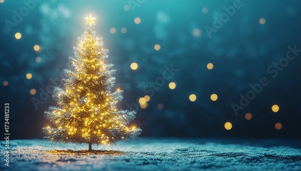 Fototapeta Christmas tree with golden lights on a blue background with copy space