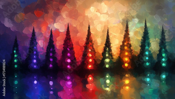 Fototapeta Magical, colorful forest with trees and glowing lights