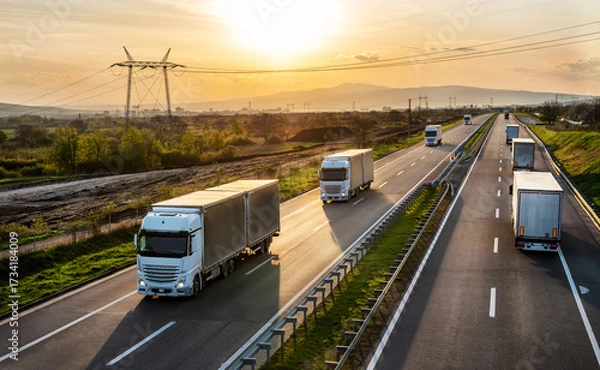 Obraz Big white transportation trucks with grey containers passing other trucks on a highway at sunset. Cargo transportation concept - freight service, on a highway in both ways