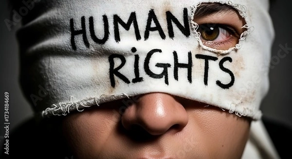 Fototapeta Closeup of a persons eye peeking through a blindfold with the words human rights written on it, symbolizing oppression