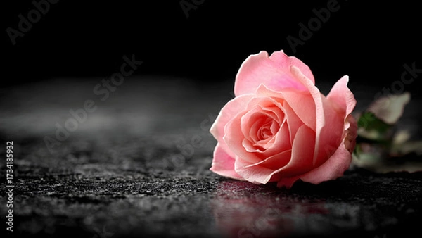Fototapeta A single pink rose lying on a dark surface background