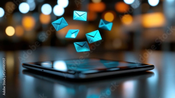 Fototapeta Digital email notifications displayed above a table in a modern workspace environment