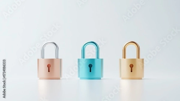 Fototapeta Showcasing three reflective metallic padlocks in a minimalistic studio setup for security and design inspiration