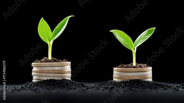 Fototapeta Nurturing green growth two plants thriving on coin stacks in a dark environment