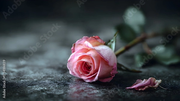 Fototapeta A single pink rose lying on a dark surface background