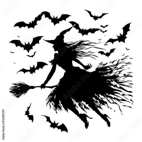 Fototapeta Silhouette of flying witch on broomstick with bats isolated on white background