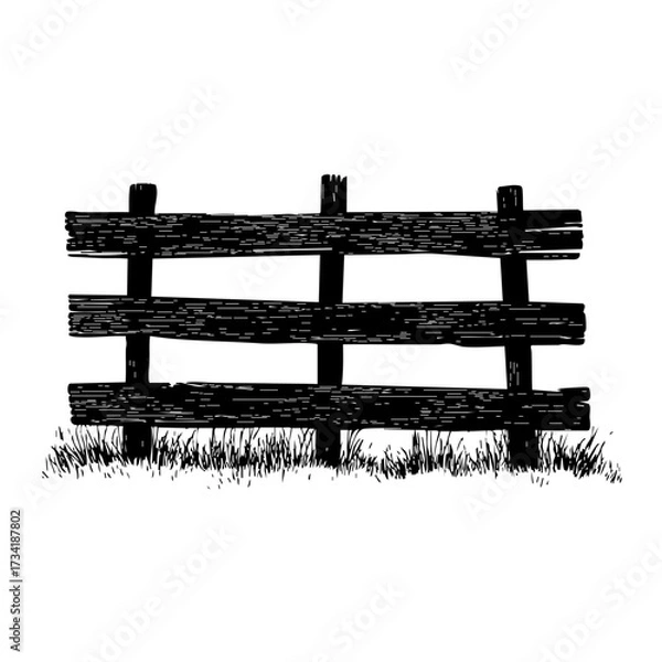 Fototapeta Silhouette of rustic wooden fence with grass isolated on white background